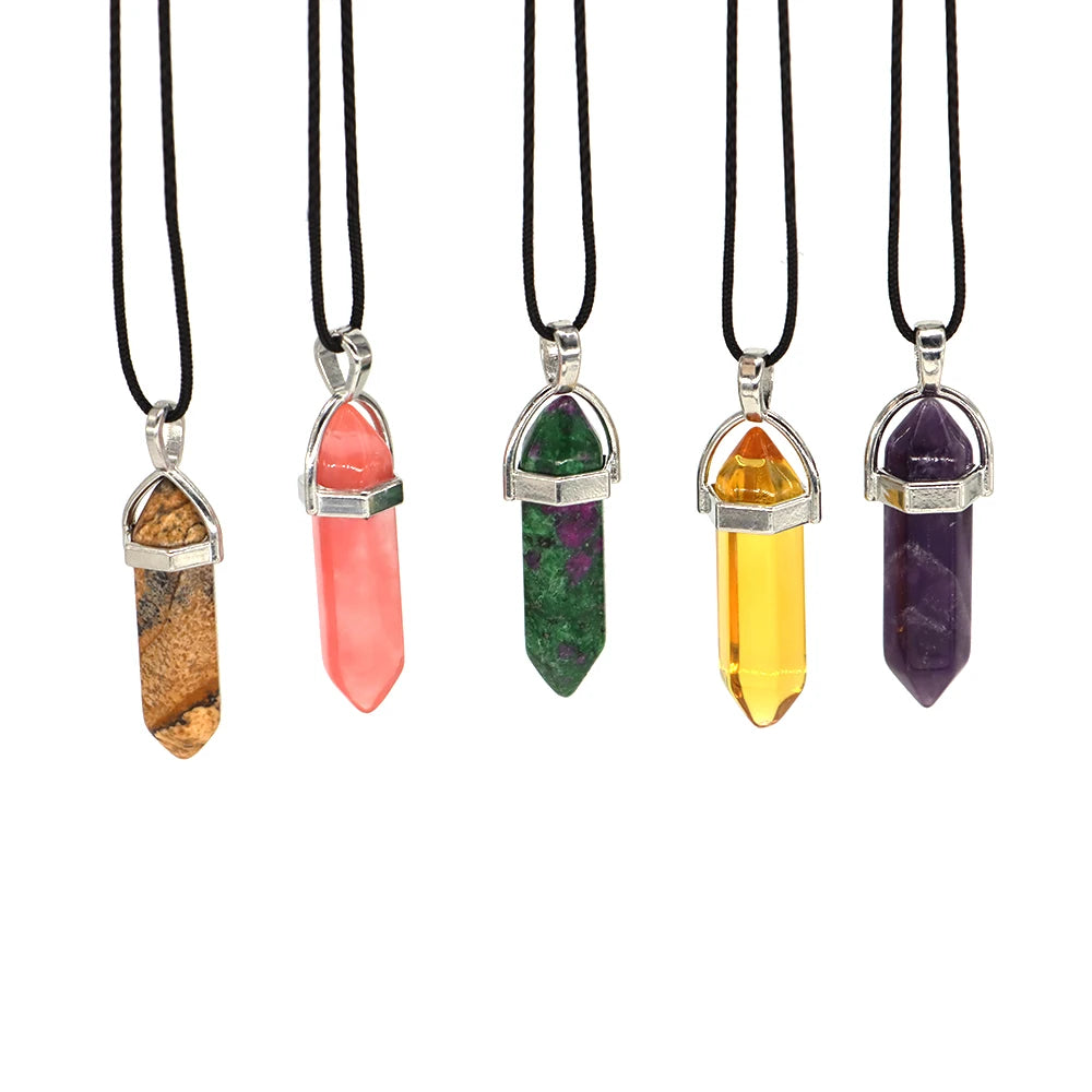 Natural Stone Hexagonal Column Quartz Pendant Necklaces