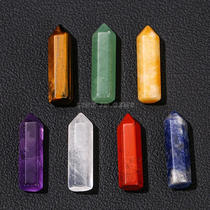 Juego de cristal de columna hexagonal de piedra curativa de 7 chakras