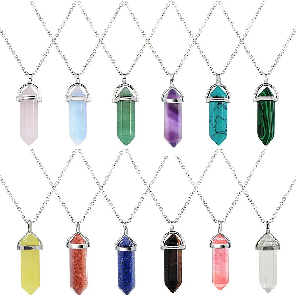 Natural Stone Hexagonal Column Quartz Pendant Necklaces