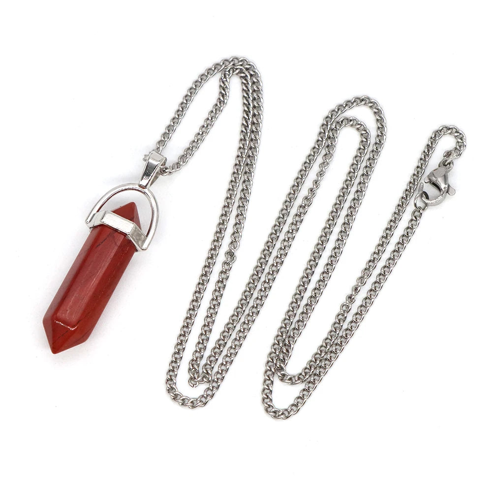 Natural Stone Hexagonal Column Quartz Pendant Necklaces