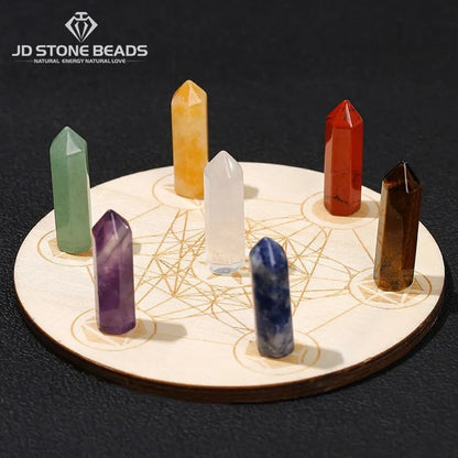 Juego de cristal de columna hexagonal de piedra curativa de 7 chakras